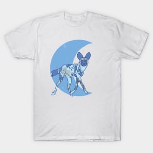 African Painted Dog Crescent Moon - Blue T-Shirt